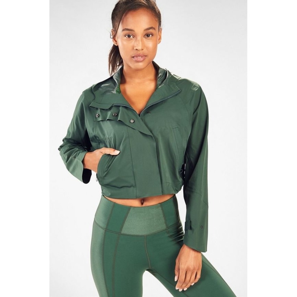 Fabletics Erika Cropped Hooded Jacket Rain Windbreaker Green Womens Medium